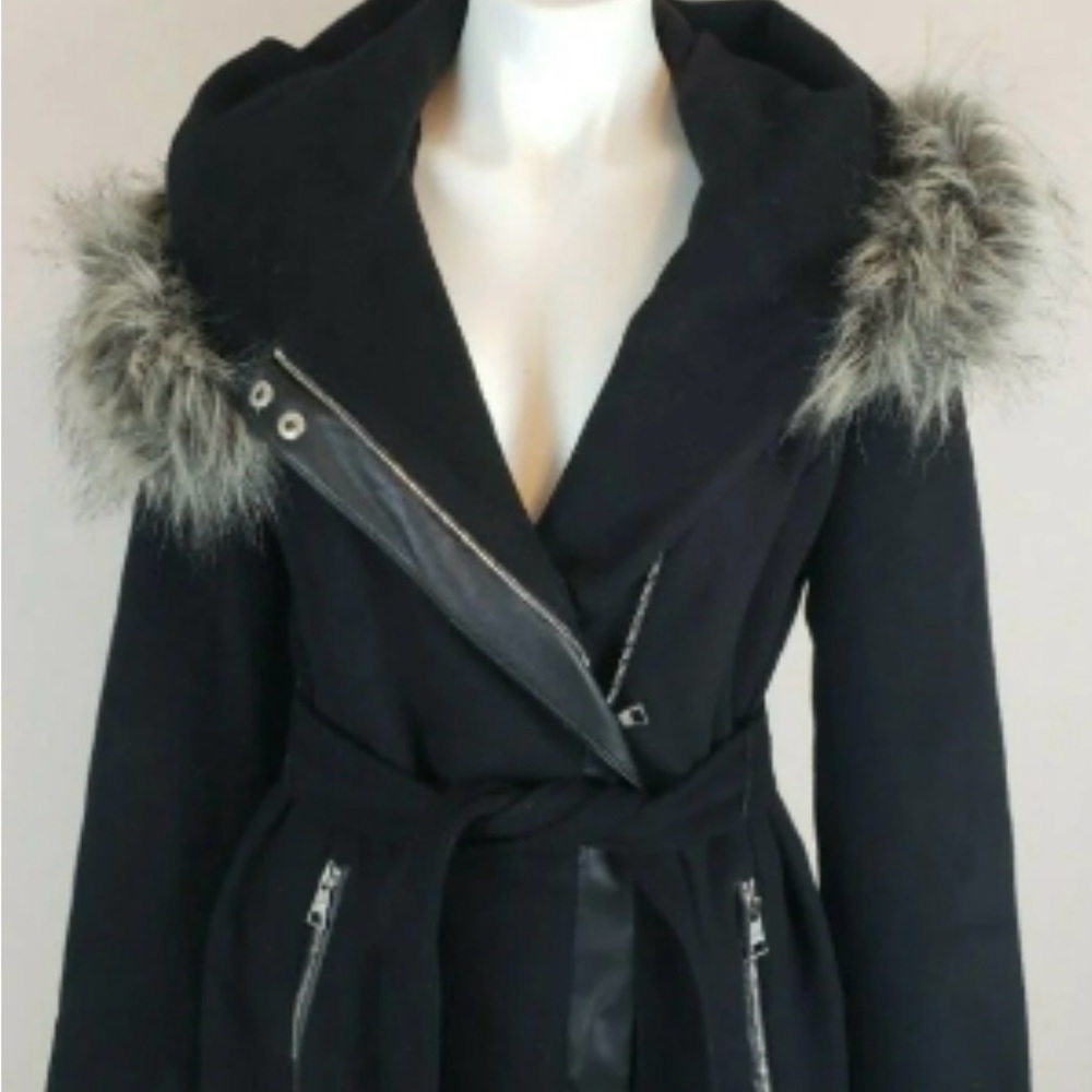 Karl Lagerfeld Paris Hooded Fur-Trimmed Black Wool Jacket Coat